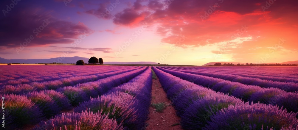 Poster gorgeous lavender field scene set against a summer sunset with a vast copy space image.