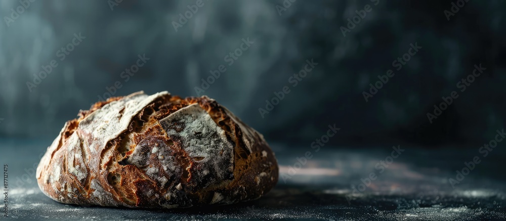 Poster copy space image featuring homemade whole grain sourdough bread against a dark backdrop in a close-u