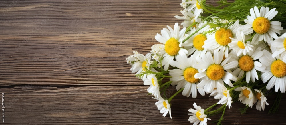 Poster chamomile flowers and a ribbon on a wooden background provide a charming setting for a copy space im