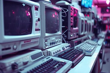 Electronic equipment in a retro electronics store. Toned image.