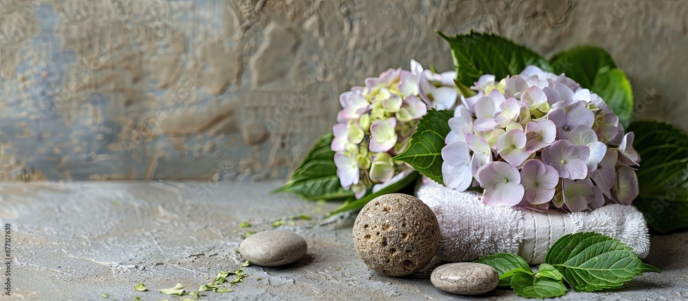 Poster hydrangea and stones with herbal ball, towel on grey backdrop create a serene composition with copy 