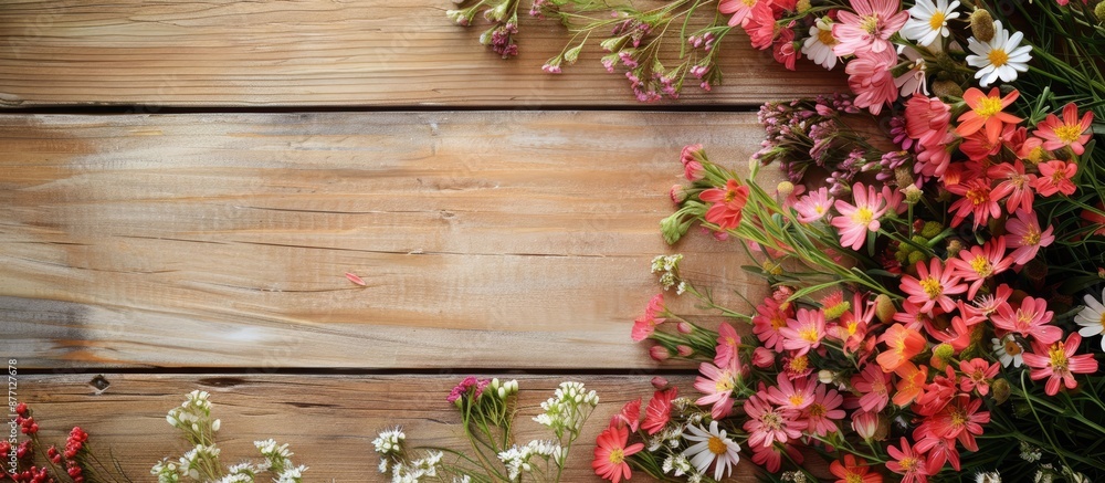 Wall mural Top view of spring flowers on a wooden surface with a spacious area for additional images.