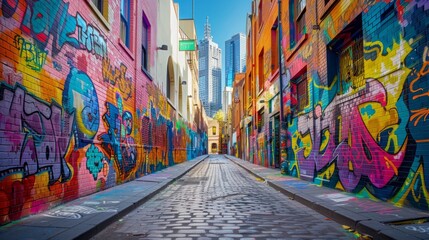 Naklejka premium Colorful Graffiti Art On Urban Alley Walls