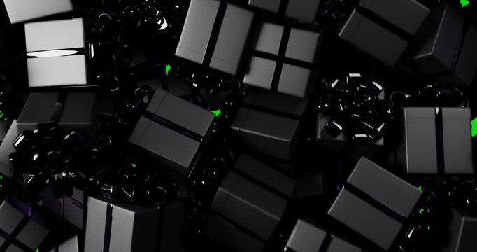 black gift boxes falling on green screen