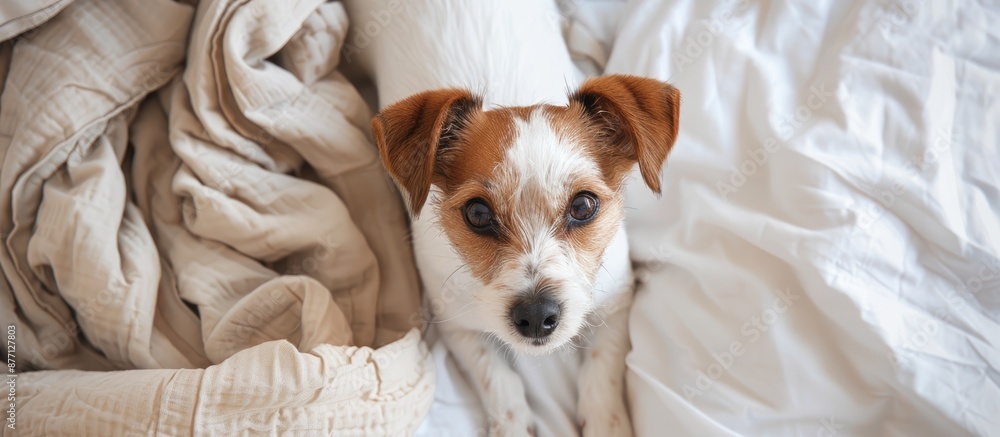 Poster charming jack russell terrier looking up at the camera from the bed in an overhead shot, with an eng
