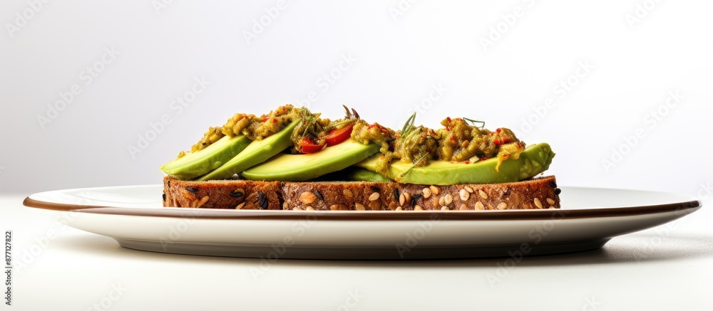 Poster avocado and chili on rye bread displayed on a white plate with a plain white background, perfect for