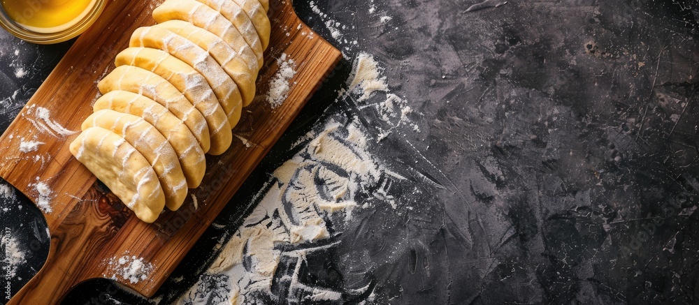 Poster Cut the dough on a wooden board into vertical lines with a background image perfect for cooking khinkala with a copy space image.