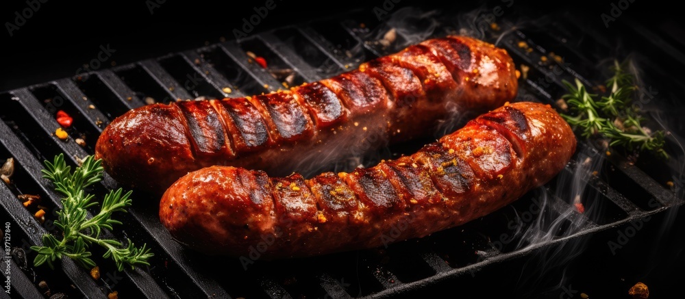 Poster top view of a sucuk beef sausage sizzling on a grill, set against a black background with ample copy