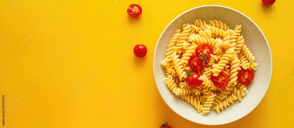 Poster copy space image featuring cavatappi pasta in a bowl on a yellow background with bright red tomatoes
