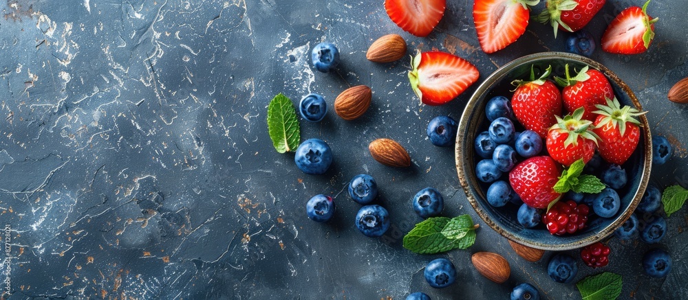 Poster breakfast featuring blueberry and strawberry pancakes on a stone table backdrop with a spacious area