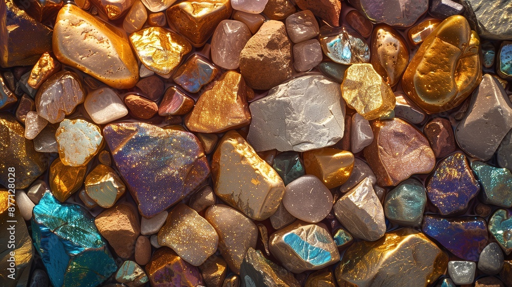 Poster array of shimmering golden stones illuminated by sunlight texture background image. gold nuggets roc