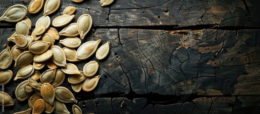 Poster arrangement of pumpkin seeds on the left side of the photo, set against a dark wooden backdrop, crea
