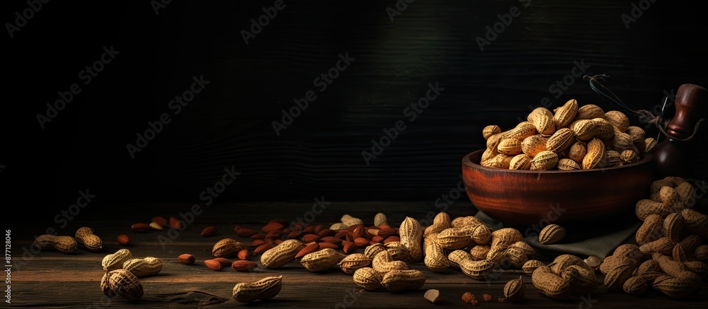 Poster Scattered raw peanuts on dark rustic backdrop create a textured food background, suitable for incorporating a copy space image.