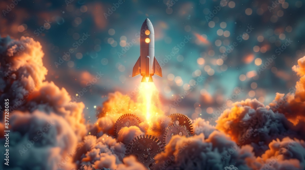 Poster rocket ship with a business suit design blasting off from a launchpad made of gears and cogs, symbol