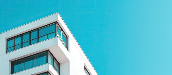 A white business building stands against a vibrant blue sky, providing ample copy space image for advertisers.