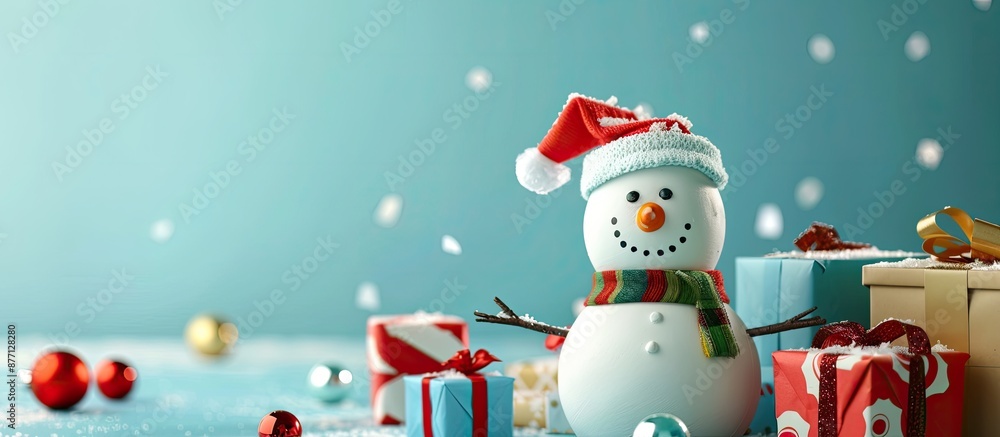 Poster front view image of a toy snowman with a happy new year inscription set on a blue background surroun