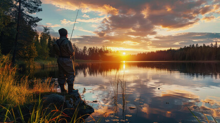 National Hunting and Fishing Day in the USA. a man is fishing with a fishing rod
