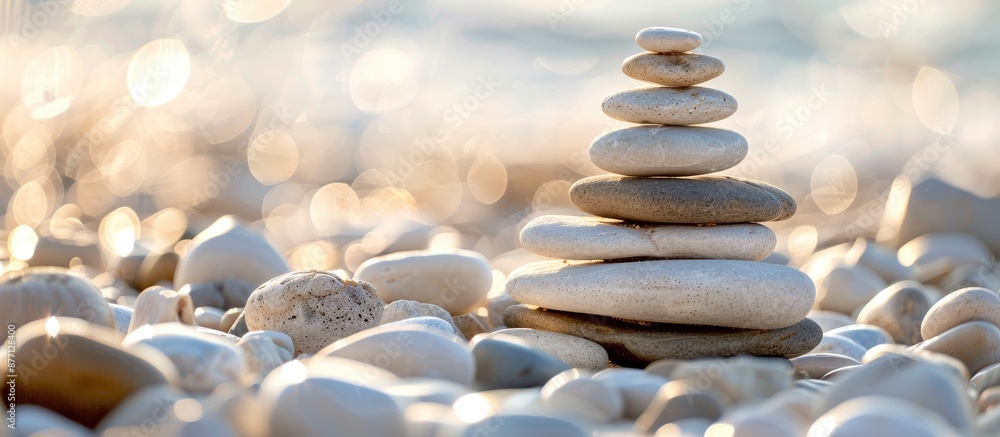 Poster arrangement of pebbles in a pyramid shape, symbolizing travel, set against a background suitable for