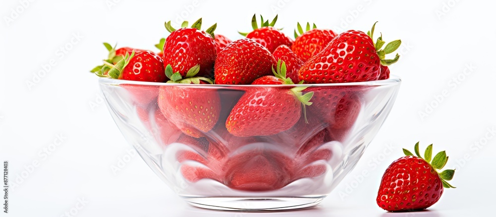 Poster fresh ripe strawberries in a glass bowl on a white background with ample space for text or an image,
