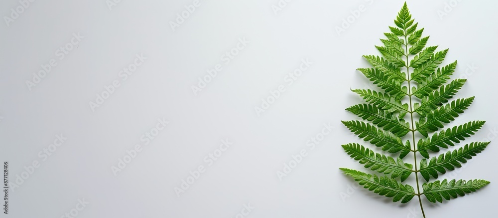 Fototapete Detailed close-up photo showcasing a single textured green fern on a white backdrop with ample space for additional content.