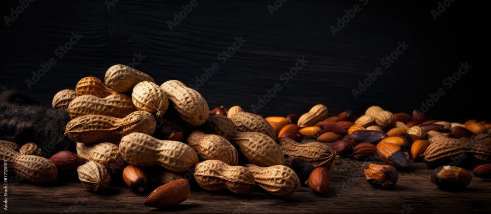 Poster Scattered raw peanuts on dark rustic backdrop create a textured food background, suitable for incorporating a copy space image.
