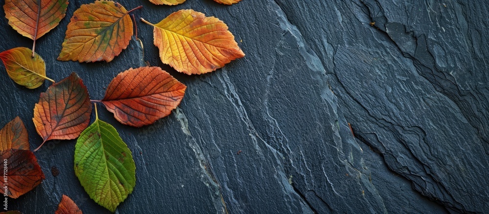 Poster close-up of ash leaves on a black stone background in an autumn-themed setting with room for a copy 