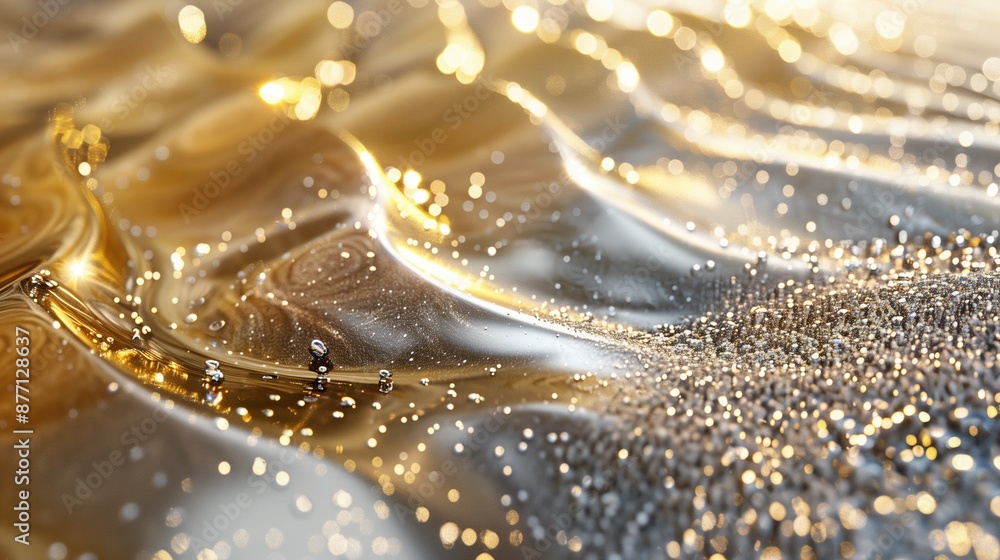 Poster closeup golden liquid texture with sparkling highlights background image. shimmering pattern, fluid 