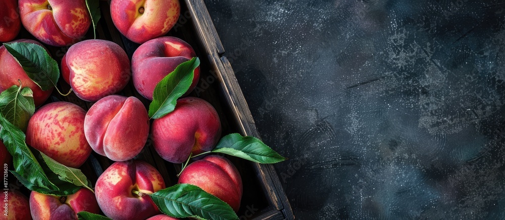 Poster ripe organic peaches piled on a wooden tray background with top view and close-up shot, emphasizing 