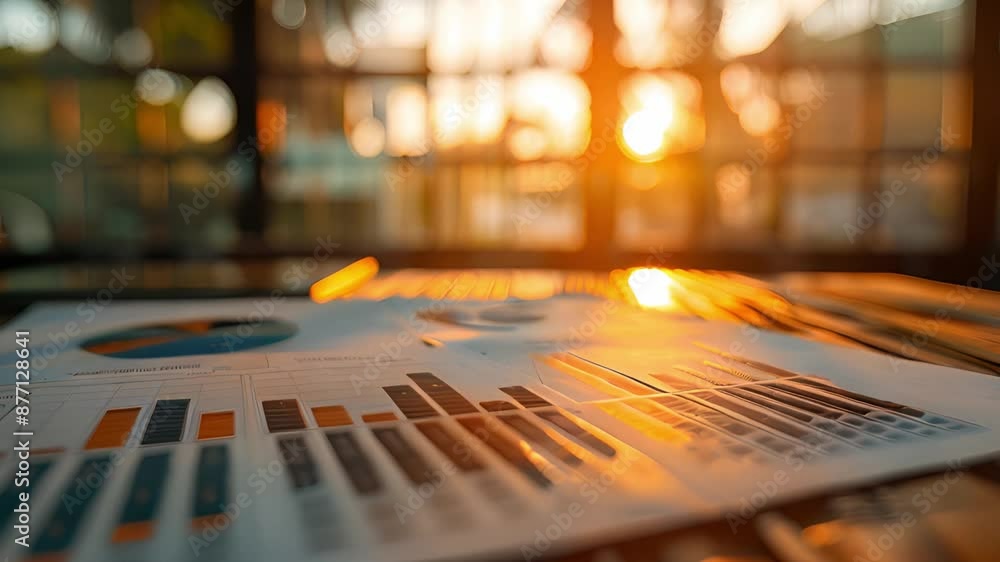 Aufkleber a close-up of a piece of paper with bar graphs and a pie chart lies on a desk near a window. the sun