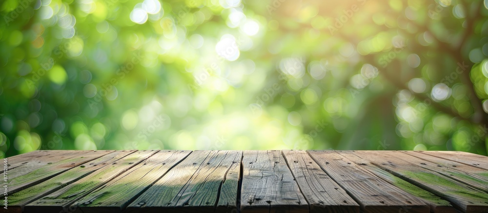 Poster Wooden deck table with a blurred green background, ideal for showcasing products in a copy space image.