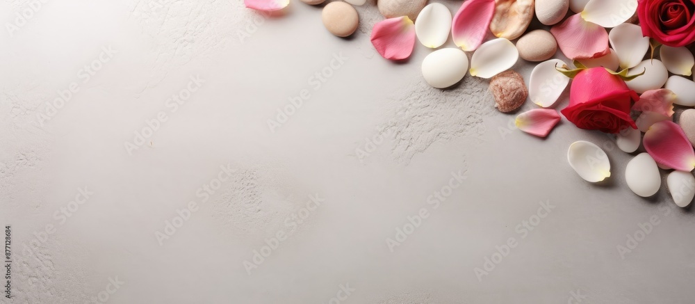 Poster spa-themed background with sea pebbles and rose petals on a neutral mat with copy space image.