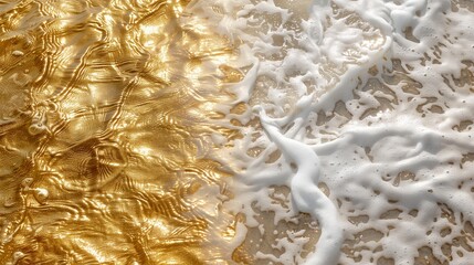 Golden water waves meeting frothy white foam texture background image. Shimmering golden surface photo backdrop wallpaper realistic. Dynamic and visually striking concept photorealistic