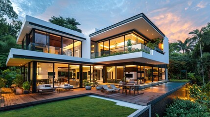Obraz premium Elegant Modern Dining Room with Nighttime Ambiance and Outdoor Views