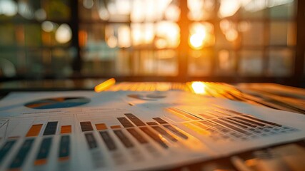 A close-up of a piece of paper with bar graphs and a pie chart lies on a desk near a window. The sun sets outside, casting warm light over the scene. - Powered by Adobe