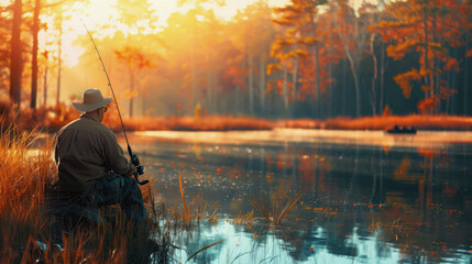 National Hunting and Fishing Day in the USA. a man is fishing with a fishing rod