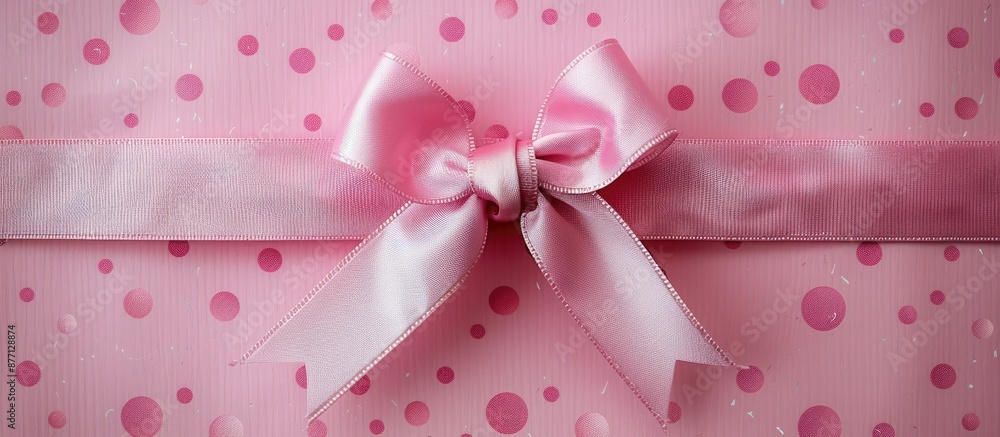 Poster top view of a pink ribbon bow on holiday paper, creating a festive background with ample copy space 