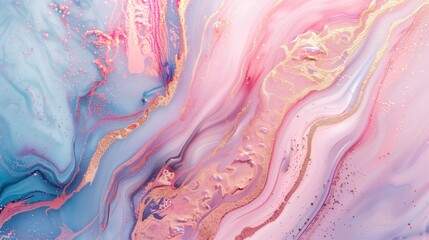 Swirling pastel colors of pink, blue, gold texture background image. Fluid patterns, glittering accents photo backdrop wallpaper. Dynamic visually captivating concept photorealistic