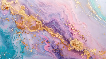 Fototapeta premium Fluid swirls of pink, purple, turquoise texture background image. Shimmering gold highlights photo backdrop wallpaper realistic. Dynamic and visually captivating concept photorealistic