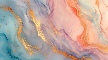 Naklejka premium Fluid swirls of pastel pink, blue, gold marble texture background image. Smooth gradients photo backdrop wallpaper realistic. Dynamic and visually captivating concept photorealistic