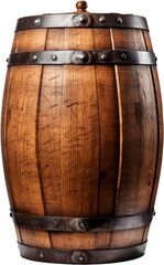 Obraz premium A rustic wooden barrel with metal bands, ideal for a vintage or industrial aesthetic. Perfect for decor, storage or themed events.