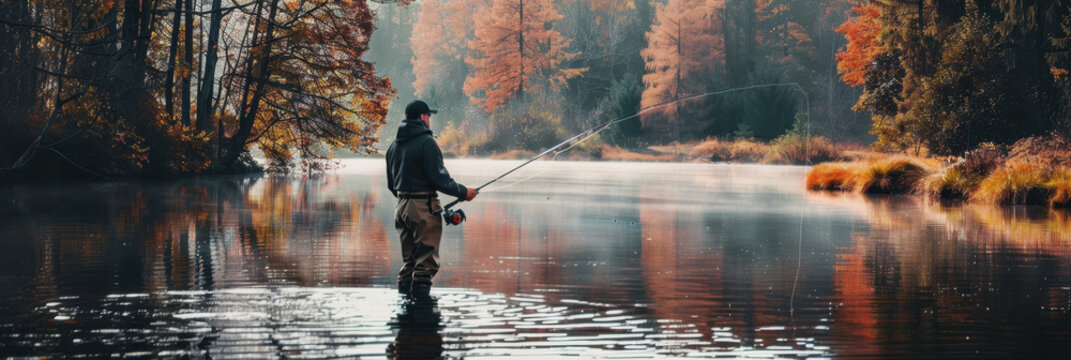 National Hunting and Fishing Day in the USA. a man is fishing with a fishing rod - Powered by Adobe