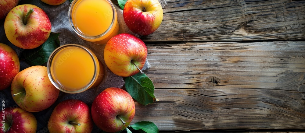Poster apples and apple juice displayed on a wooden surface with room for additional images.