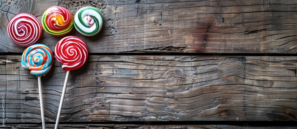 Poster Top view of sweet lollipops on a rustic wooden background creating an appealing copy space image.