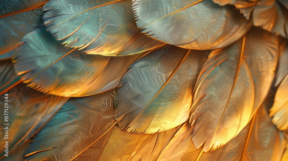 Poster detailed view of iridescent bird feathers texture background image. delicate overlapping pattern pho