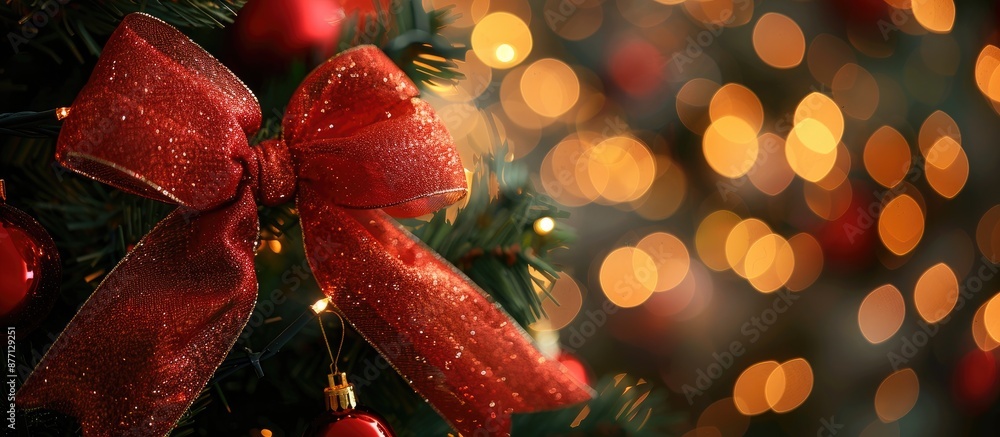 Aufkleber merry christmas! a close-up of a red bow on a christmas tree with decorations and lights in the back