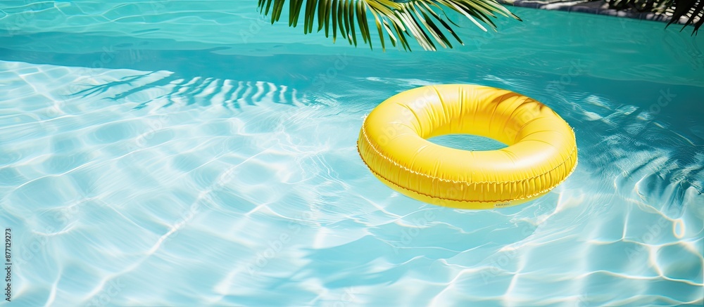 Poster vacation-themed image with copy space featuring a floating yellow inflatable ring in a swimming pool