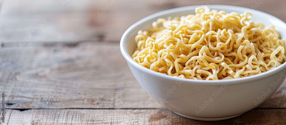 Aufkleber A white bowl filled with uncooked instant noodles against a simple background with ample copy space image.