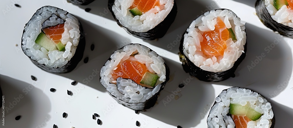Poster a close-up studio shot of freshly made sushi with gentle shadows on a white backdrop. includes a cop