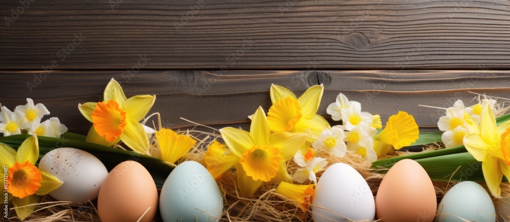 Poster close-up of a vibrant easter display: colorful eggs in a large nest, bright daffodils, and an empty 