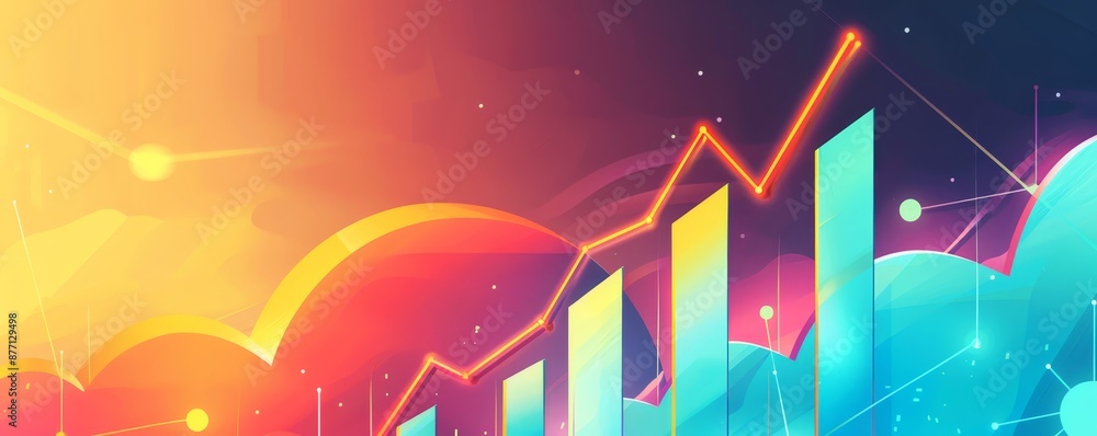 Poster abstract data visualization with colorful graph rising, representing growth, analytics, and business